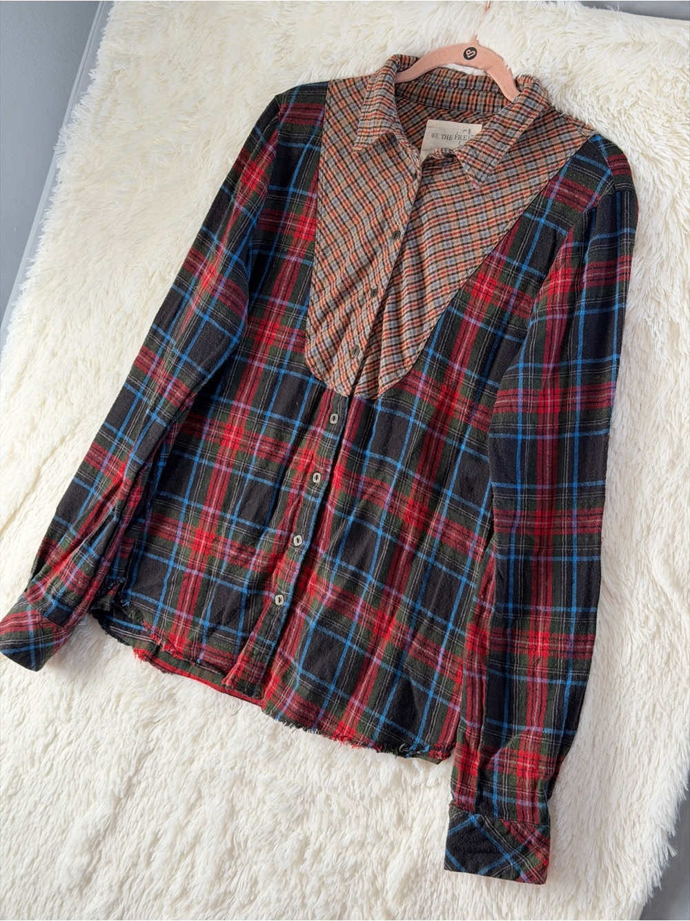 We The Free Womens Boho Rustic Plaid Flannel Mixed Media Shirt Size L Raw Hem